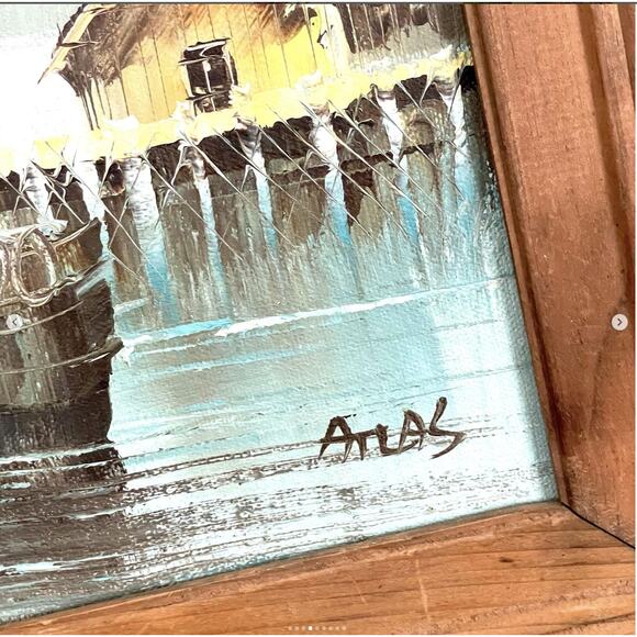 Vintage Boat Painting Canvas Signed Docked Harbor Framed Water Seascape Scenery - Picture 4 of 9